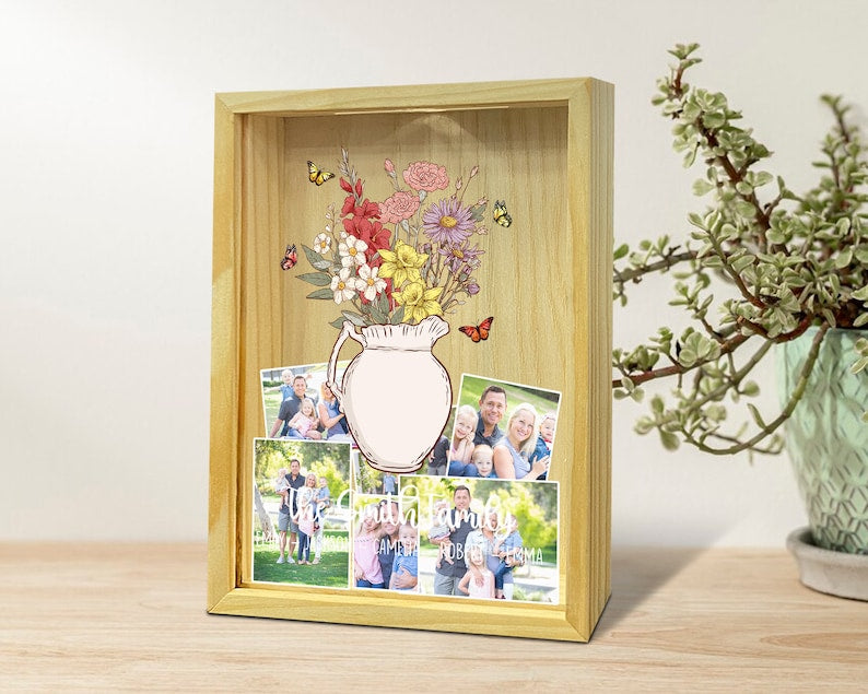 Custom Birth Flower Photo Keepsake Box, Mothers Day Gift, Personalized Gifts for Mom from Daughter Son, Photo Collection Box, Family Gifts