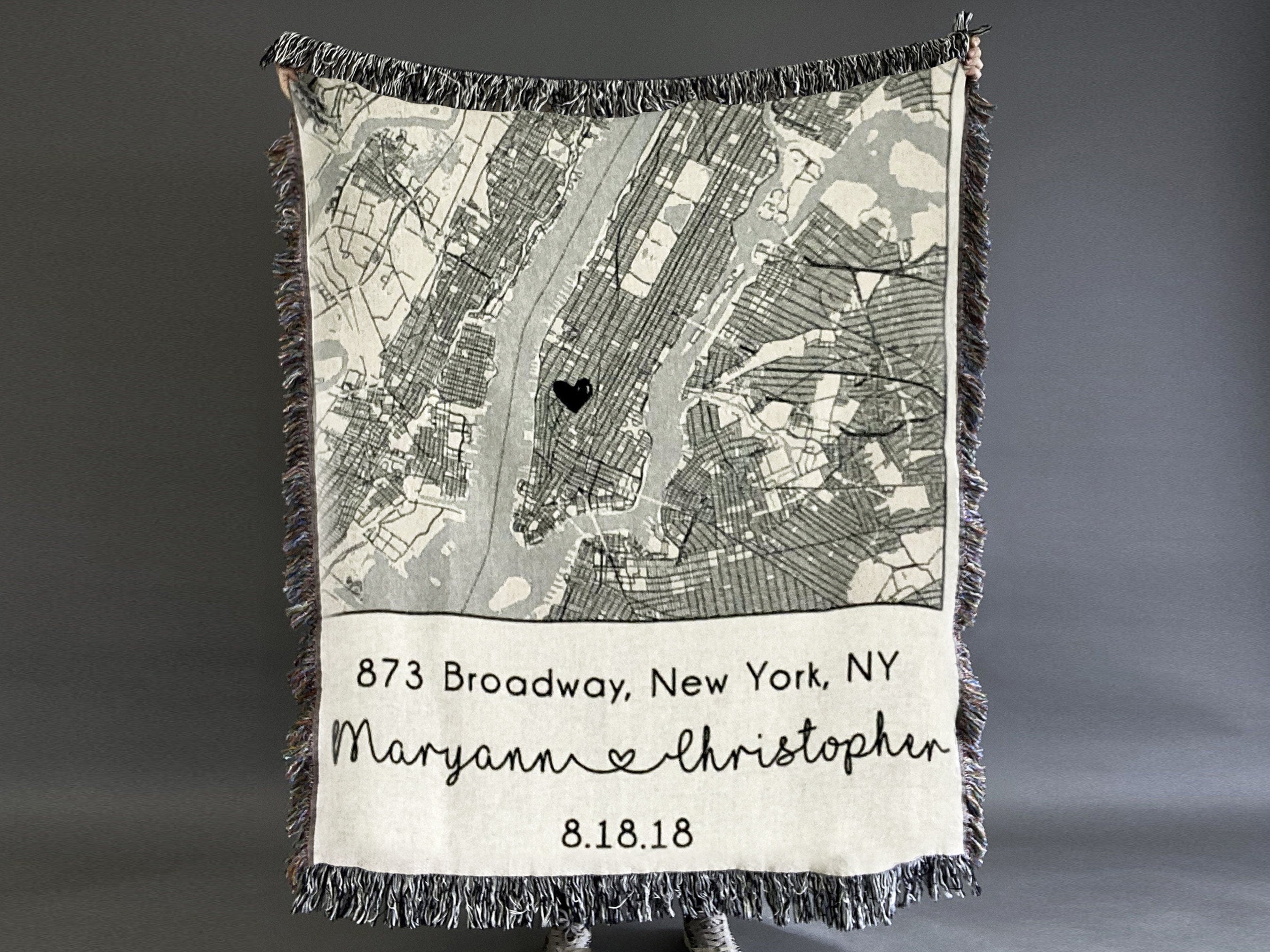 Personalized Cotton Blanket Custom Throw Map Heart Shaped Anniversary Gift