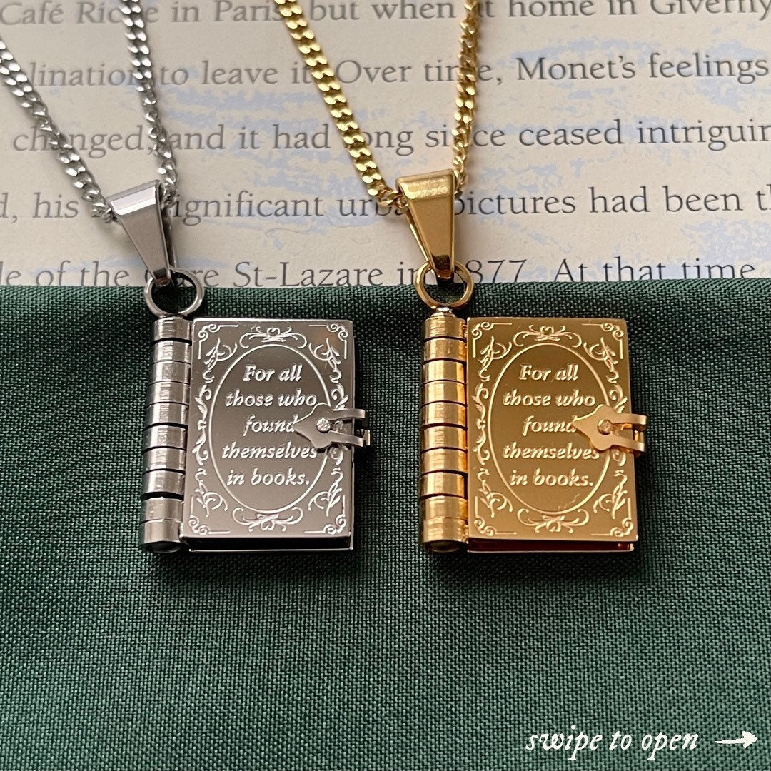 Book lovers necklace - Engraved Openable Book Chain Pendant Necklace