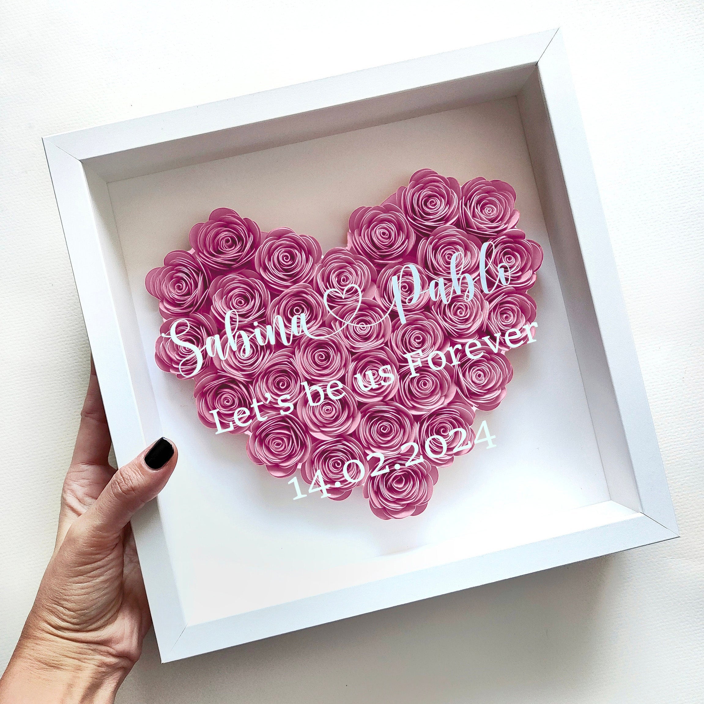 Custom Heart Flower Shadow Box with Text for Valentine's Day