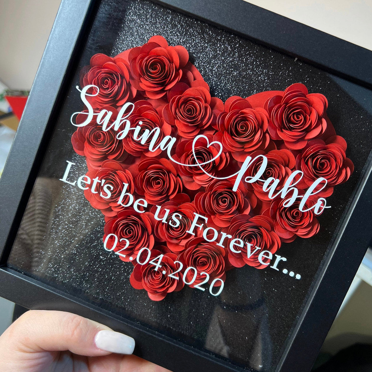 Custom Heart Flower Shadow Box with Text for Valentine's Day