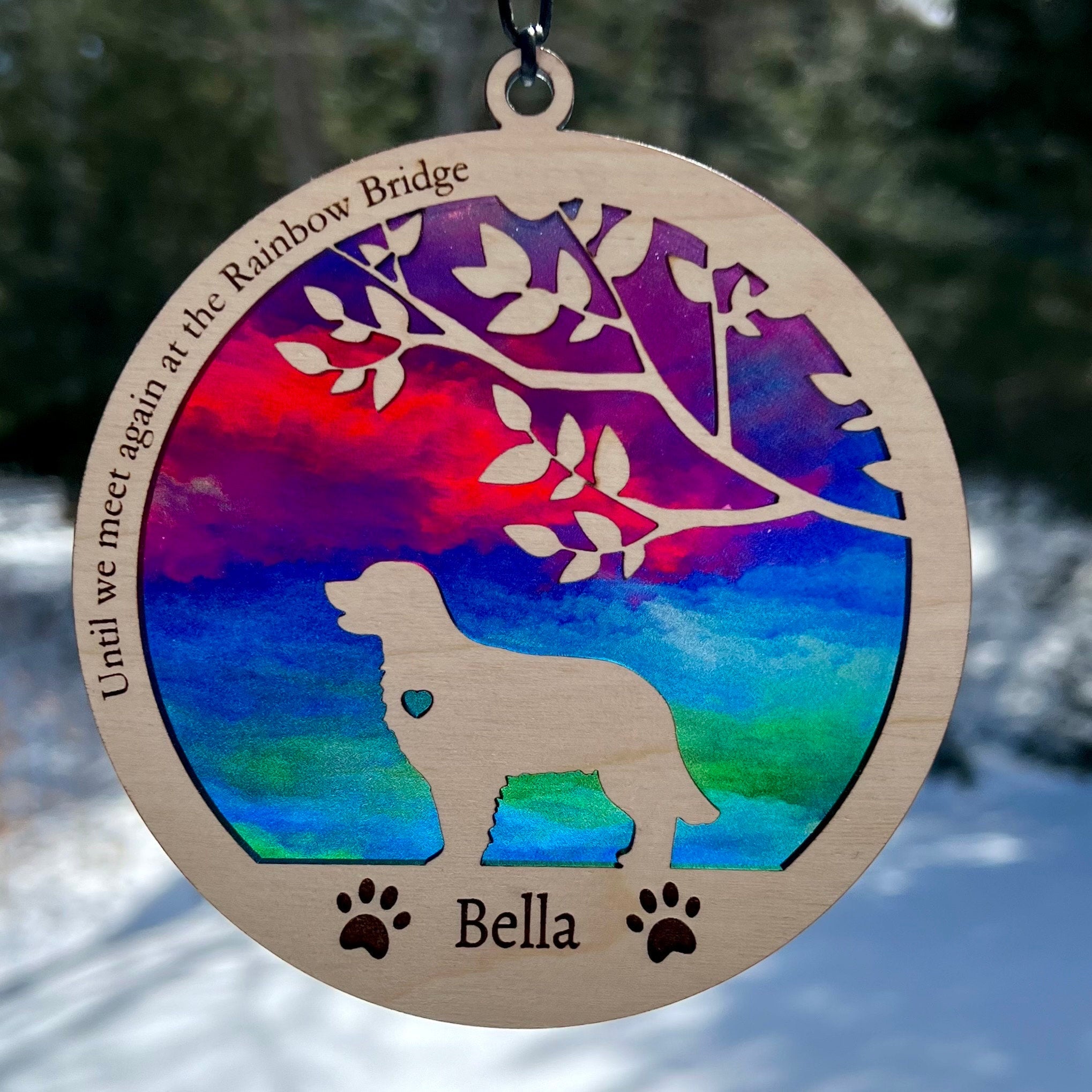 Dog Memorial Suncatcher, Rainbow Bridge, Personalized with dog breed, name and date, Available in all breeds