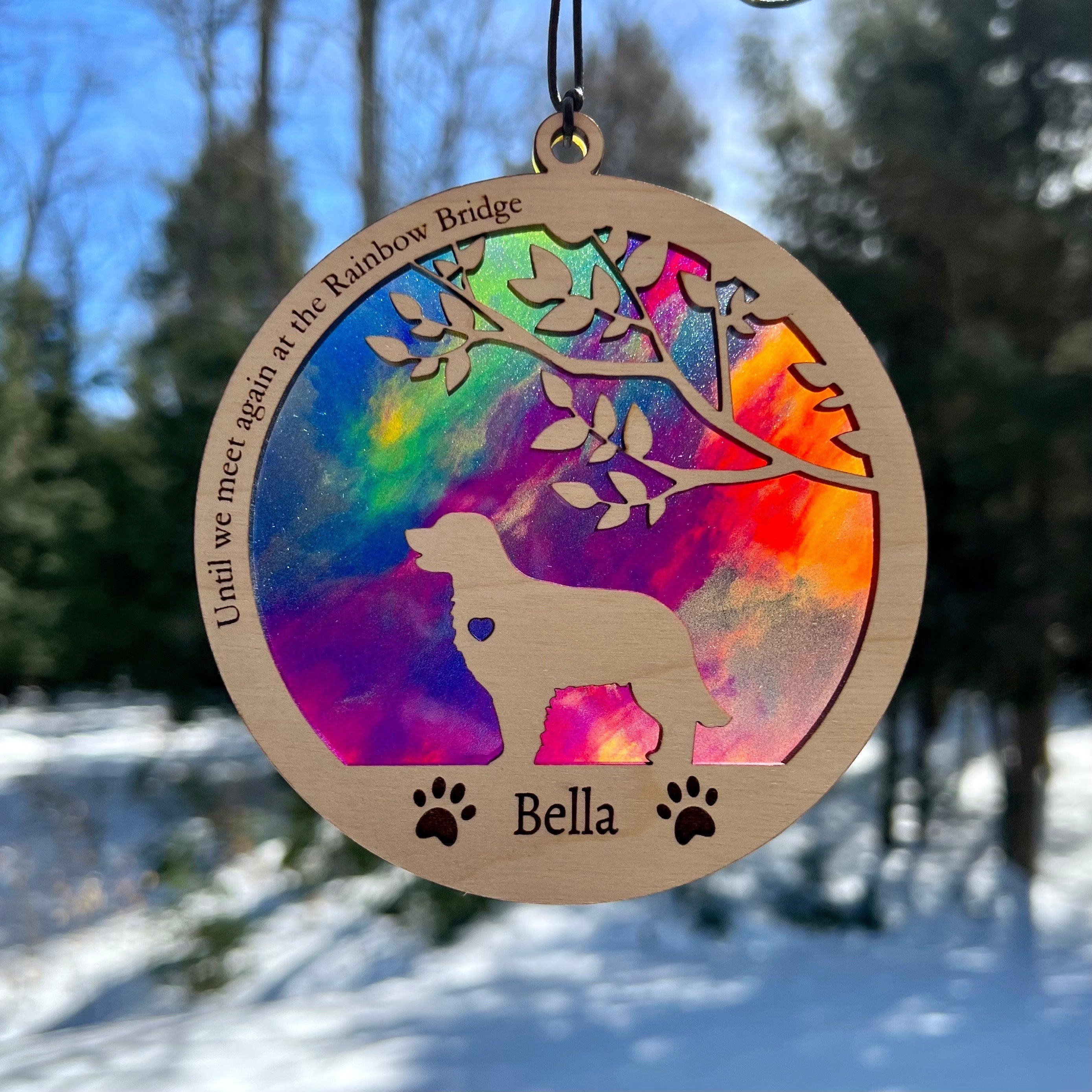 Dog Memorial Suncatcher, Rainbow Bridge, Personalized with dog breed, name and date, Available in all breeds