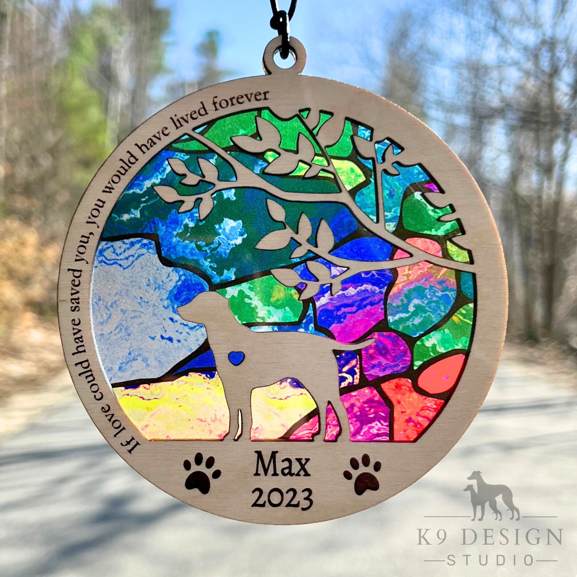 Dog Memorial Suncatcher, Personalized with dog breed, name and date, Available in all breeds