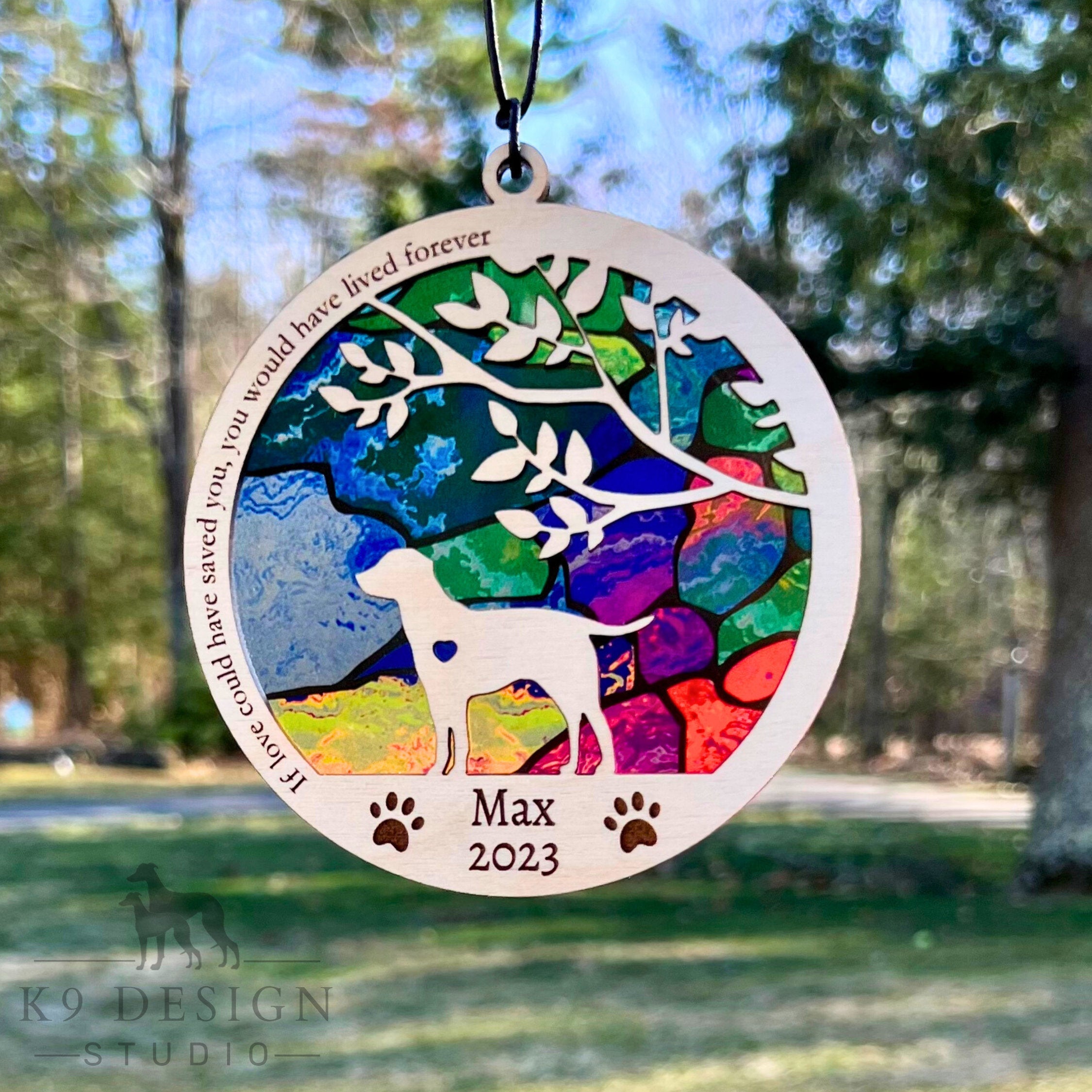 Dog Memorial Suncatcher, Personalized with dog breed, name and date, Available in all breeds