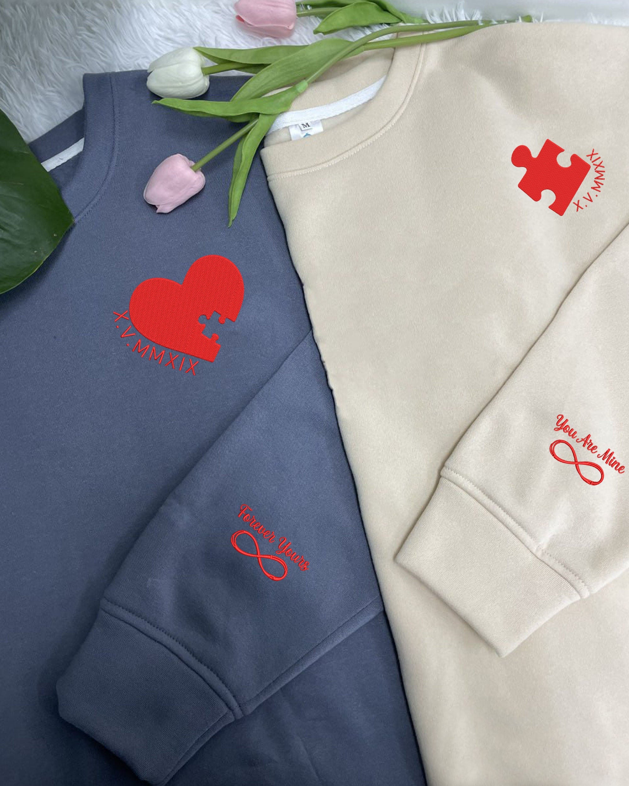 Personalized Heart And Puzzle Couple Embroidered Sweatshirt