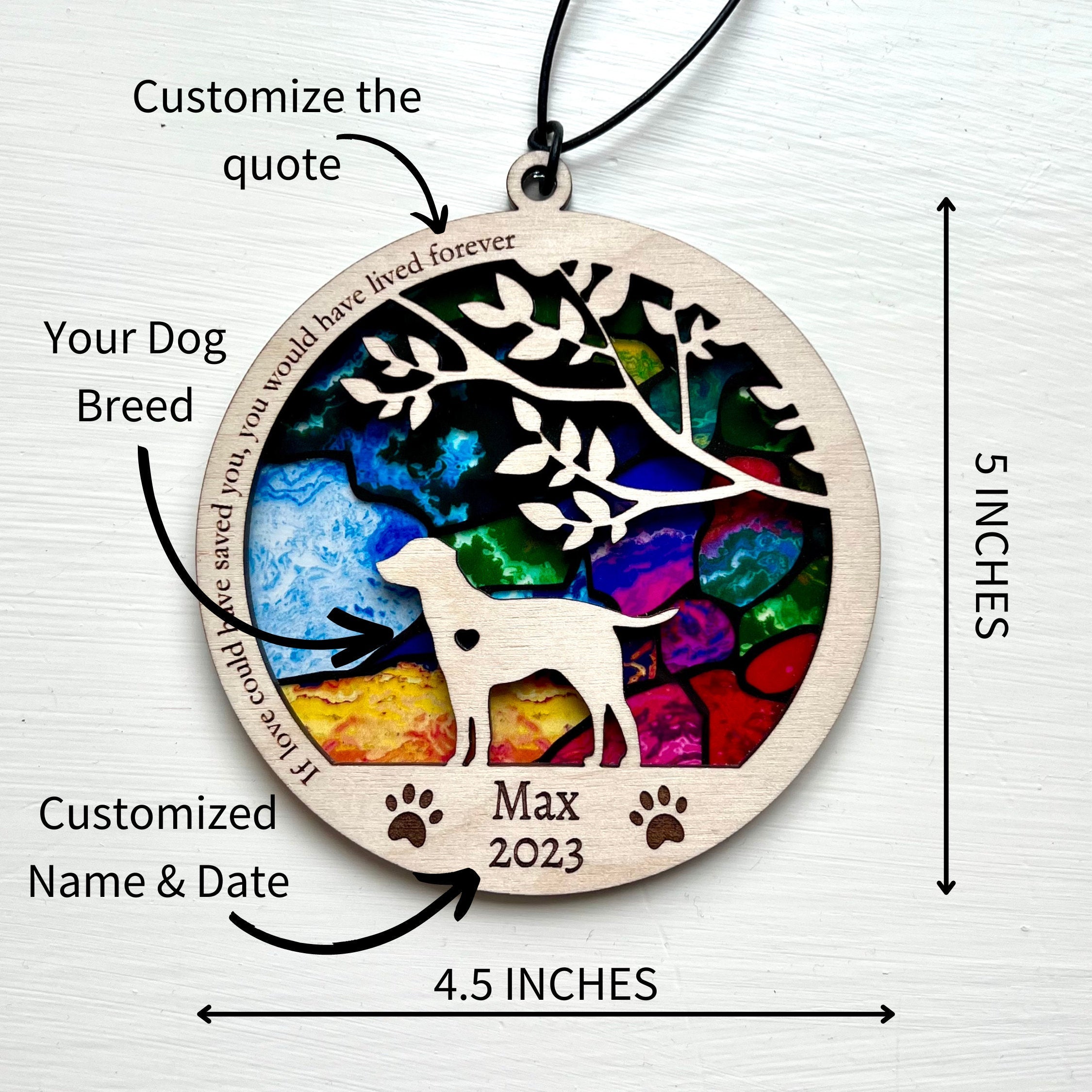 Dog Memorial Suncatcher, Personalized with dog breed, name and date, Available in all breeds