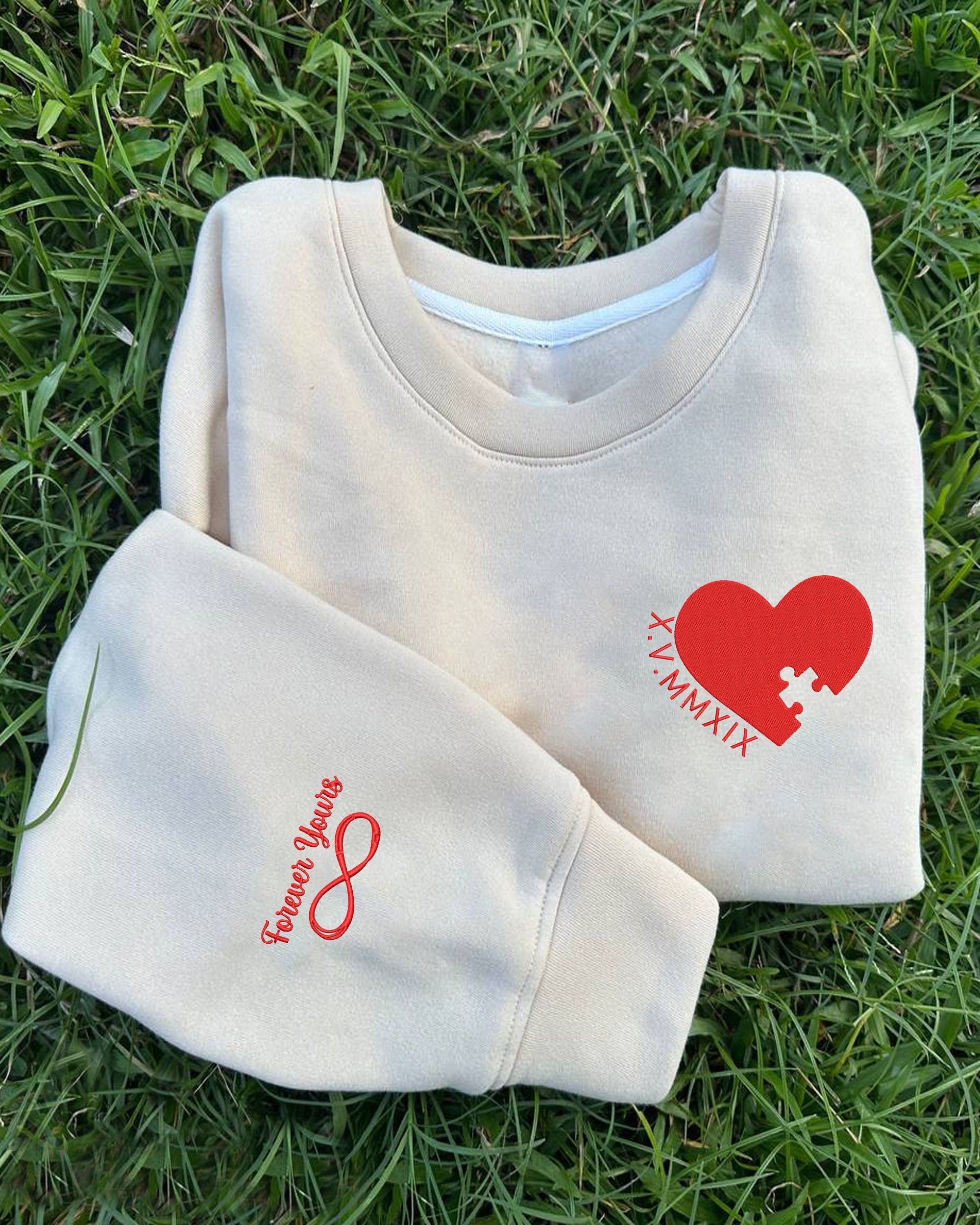 Personalized Heart And Puzzle Couple Embroidered Sweatshirt