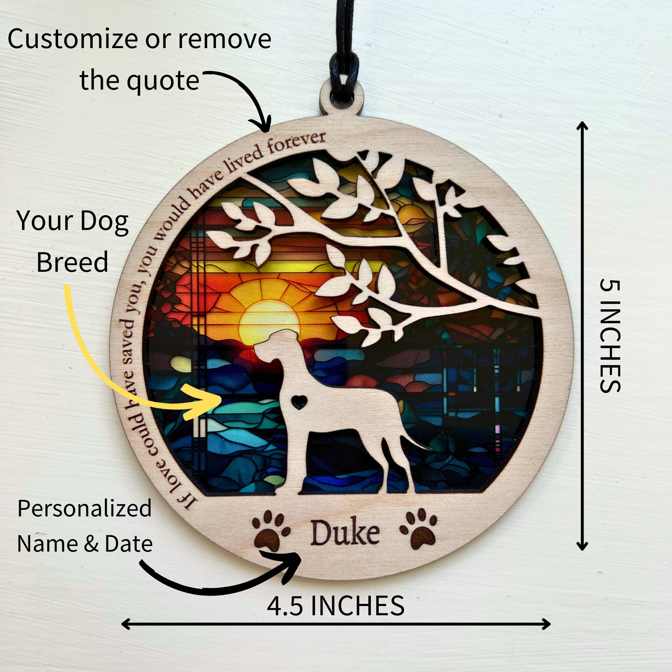 NEW! Dog Memorial Suncatcher, Personalized with dog breed, name and date, Available in all breeds, Beach Ocean Sunrise