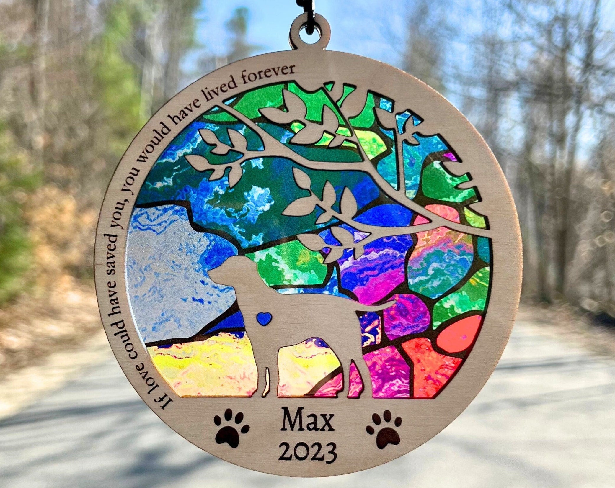 Dog Memorial Suncatcher, Personalized with dog breed, name and date, Available in all breeds