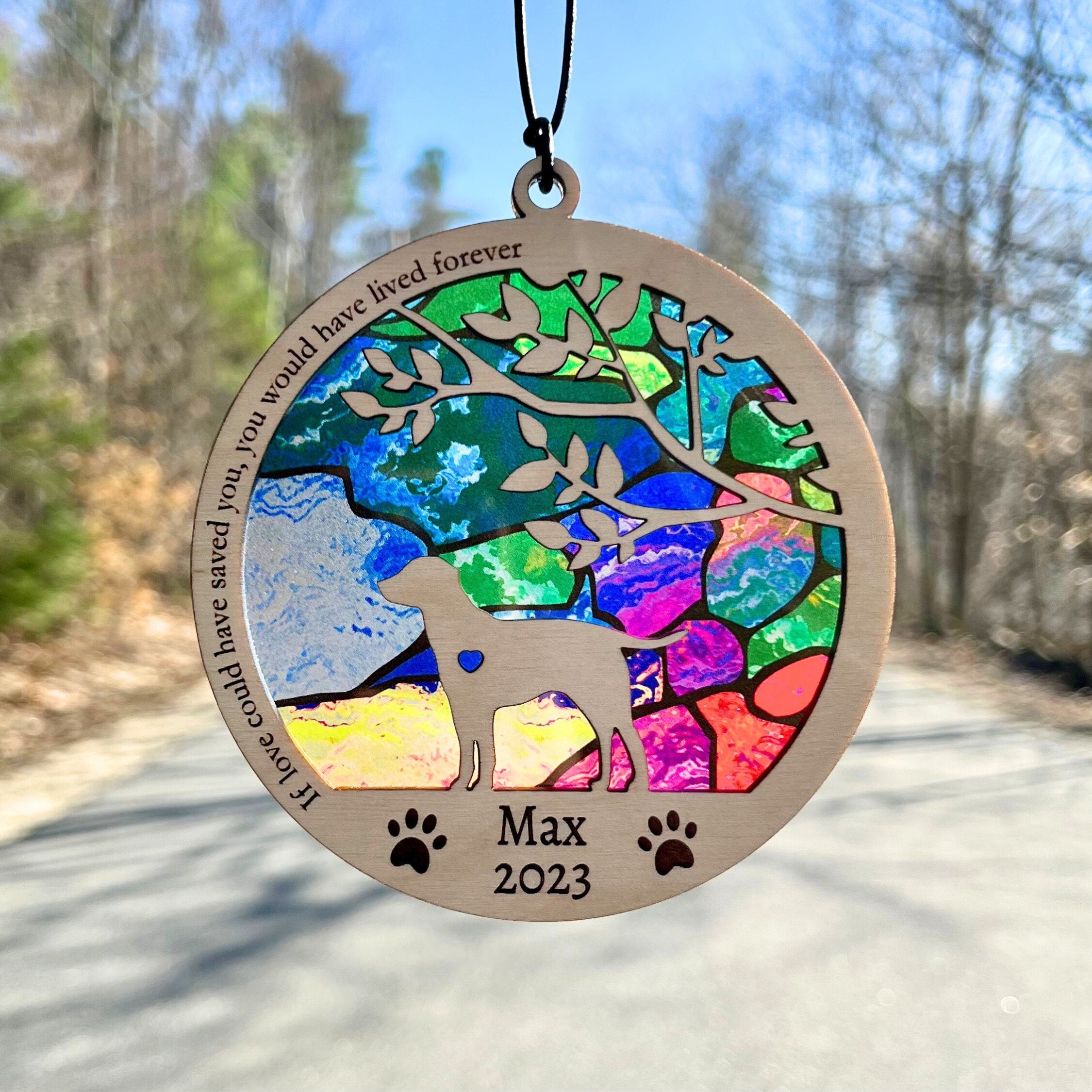 Dog Memorial Suncatcher, Personalized with dog breed, name and date, Available in all breeds