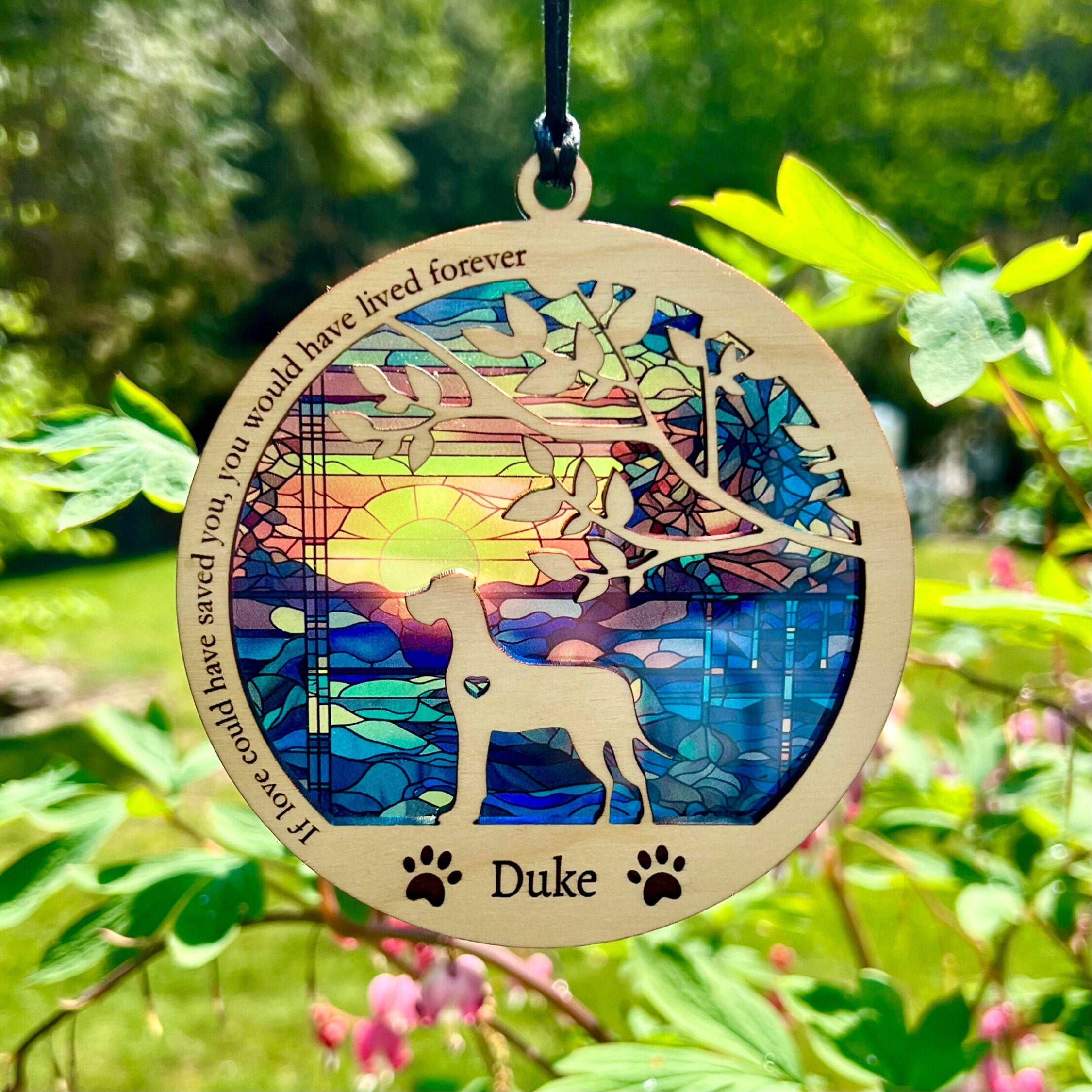 NEW! Dog Memorial Suncatcher, Personalized with dog breed, name and date, Available in all breeds, Beach Ocean Sunrise