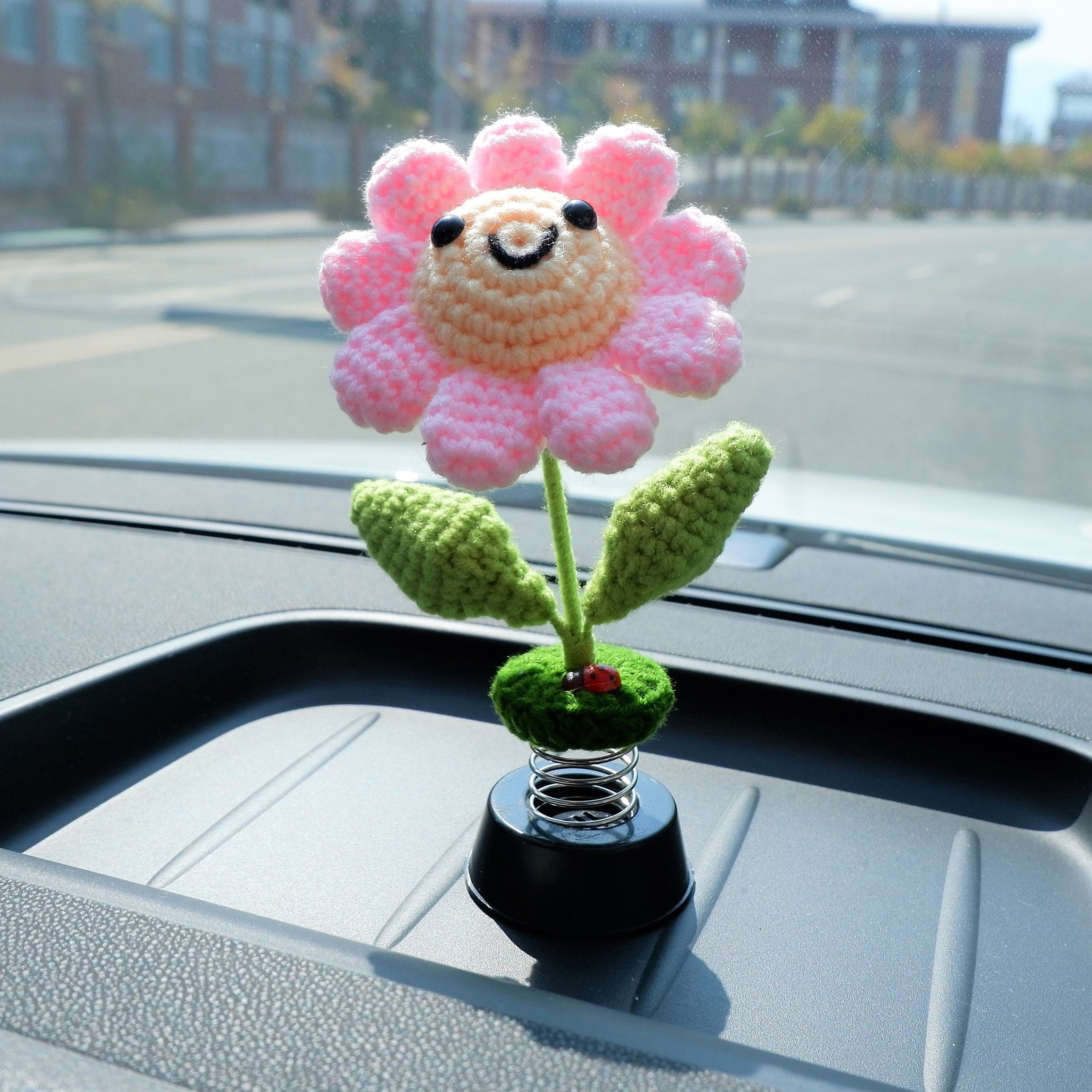 Crochet Car Accessories sunflower smiley face shaking head flower beetle decor Dashboard Decorations
