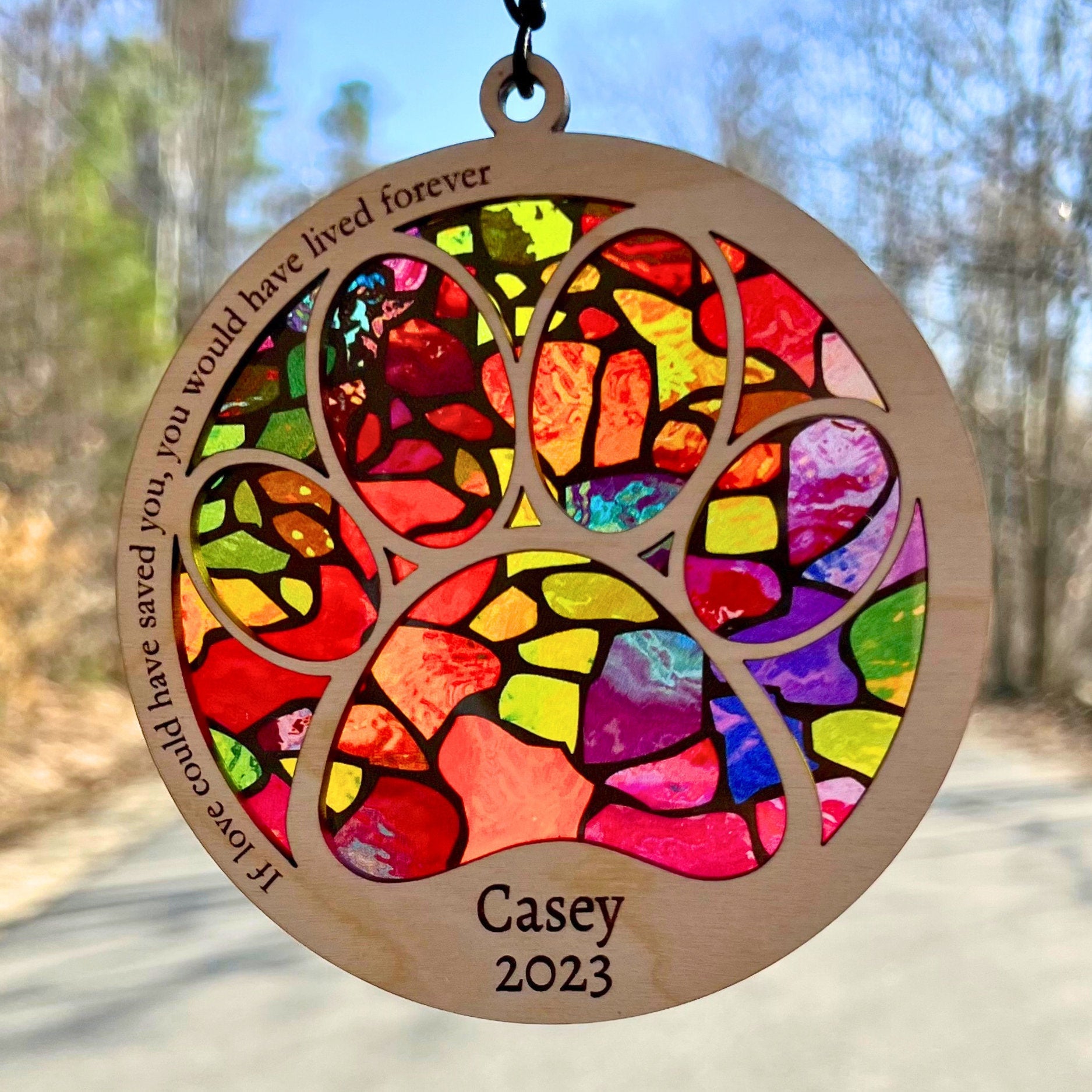 Dog Memorial Suncatcher, Paw Design personalized with name and date