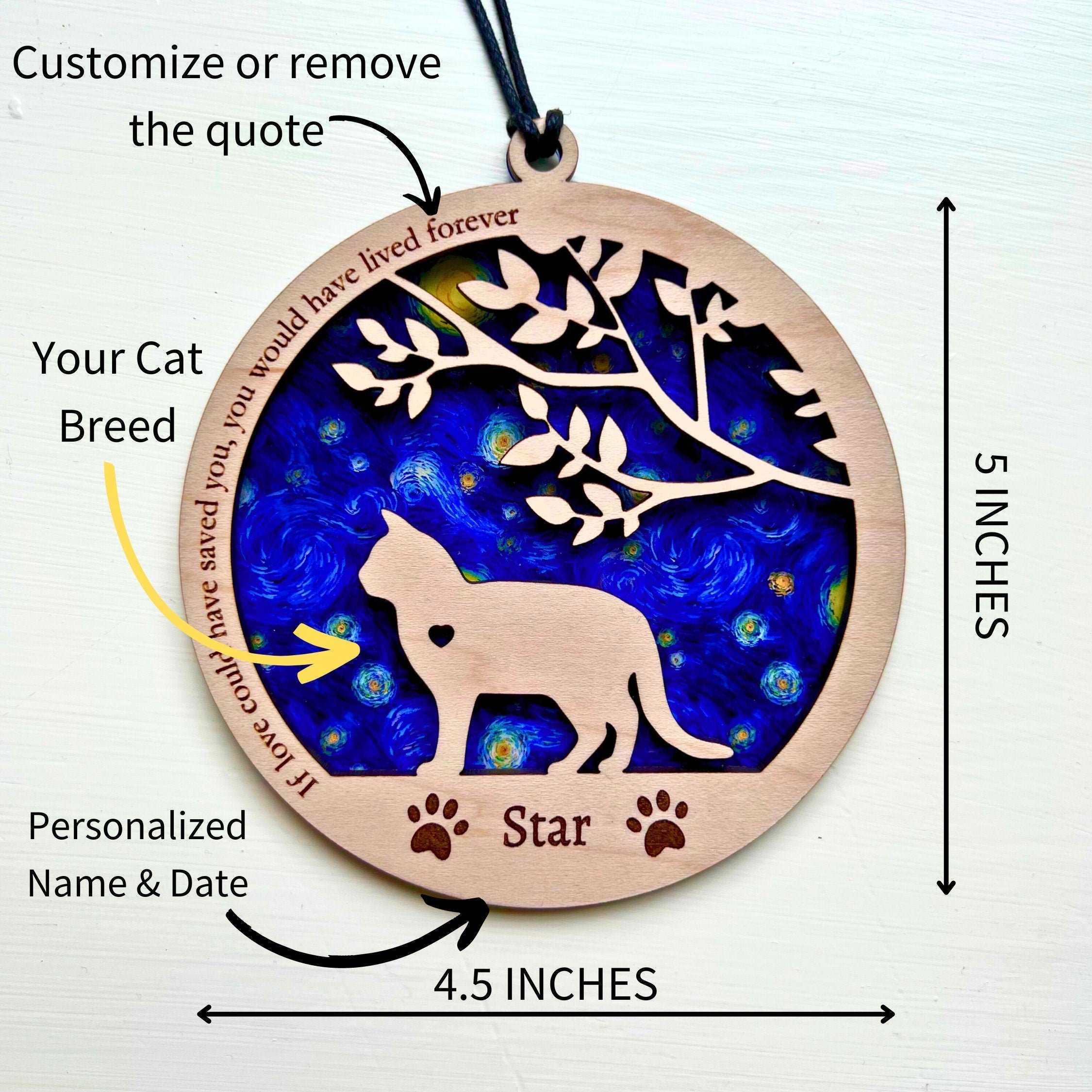 NEW! Cat Memorial Suncatcher, Sun Catcher personalized with breed, name and date, Starry Night