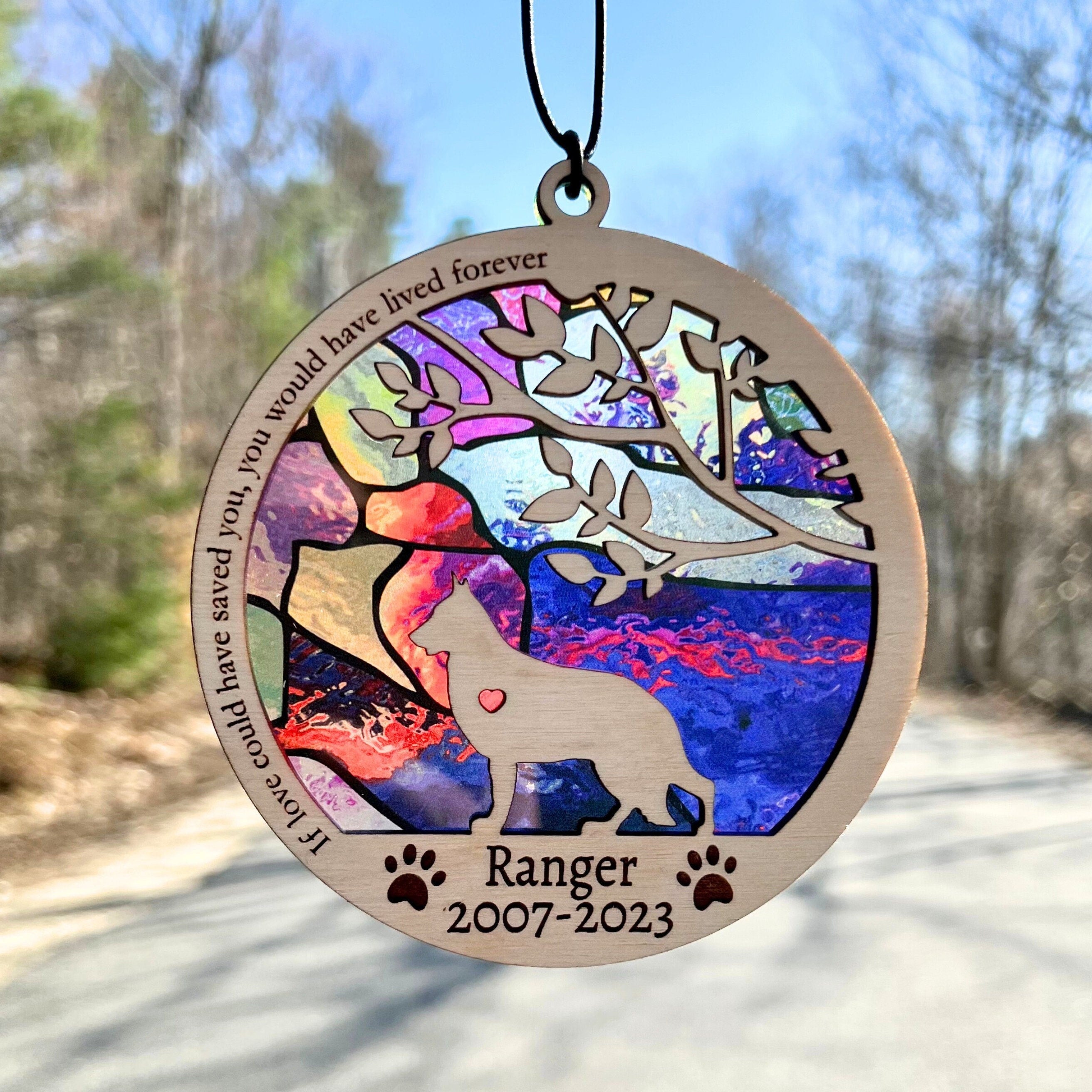 Dog Memorial Suncatcher, Personalized with dog breed, name and date, Available in all breeds