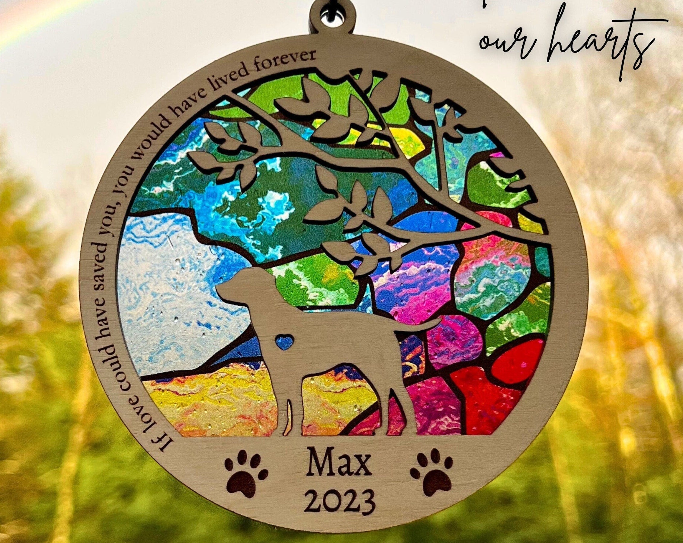 Dog Memorial Suncatcher, Personalized with dog breed, name and date, Available in all breeds