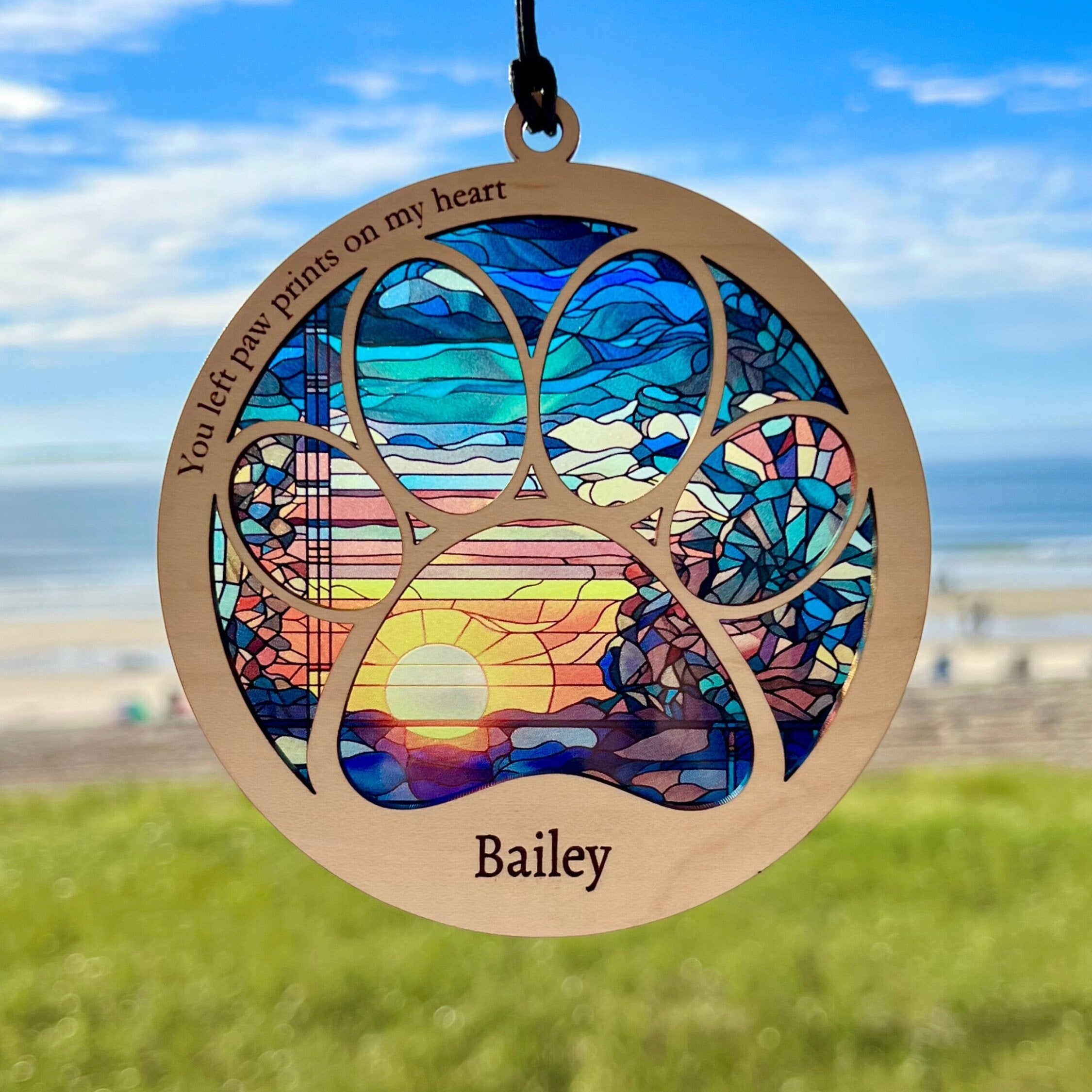 NEW! Dog Memorial Suncatcher, Paw Design Sun Catcher personalized with name and date, Sunrise Mosaic