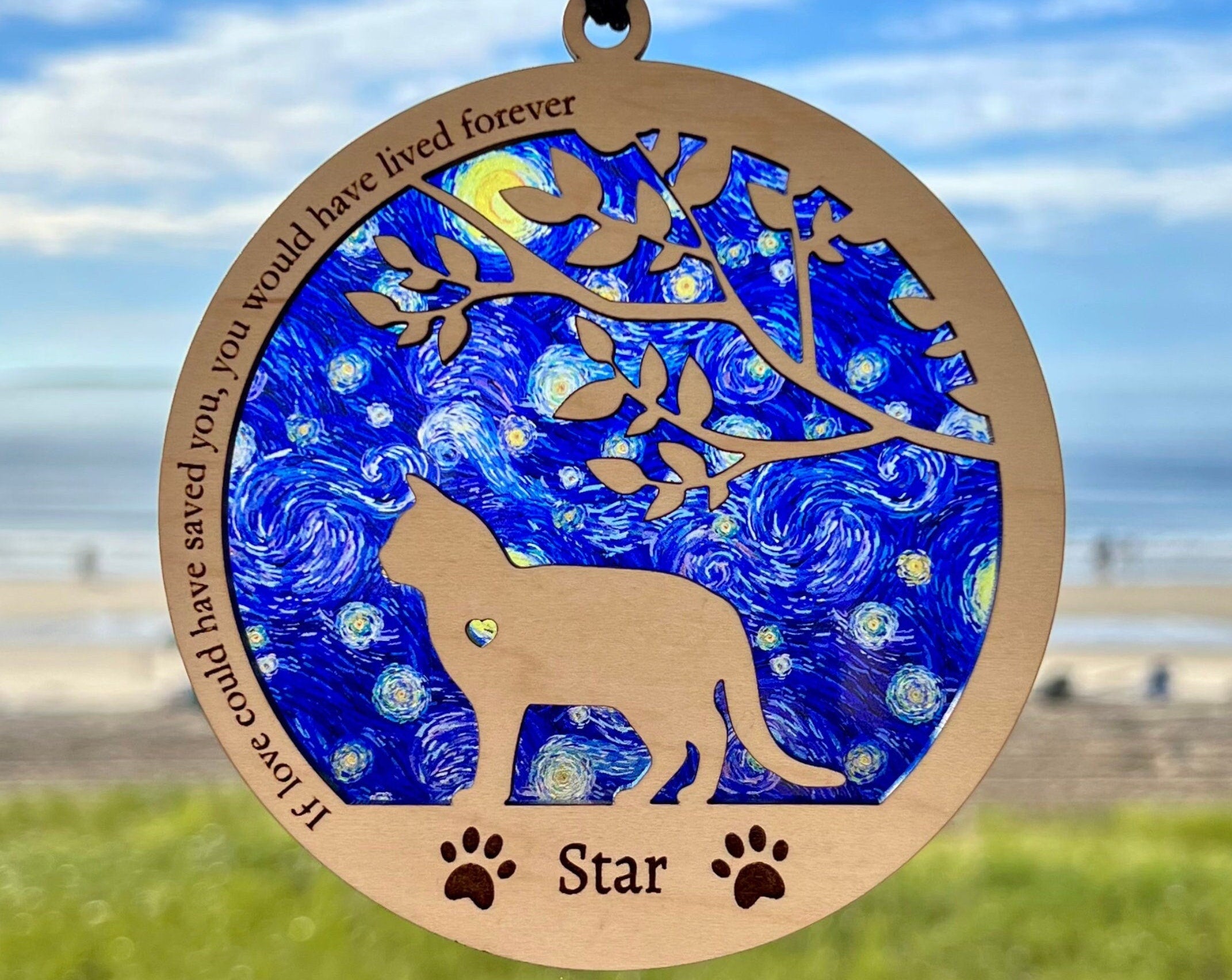 NEW! Cat Memorial Suncatcher, Sun Catcher personalized with breed, name and date, Starry Night