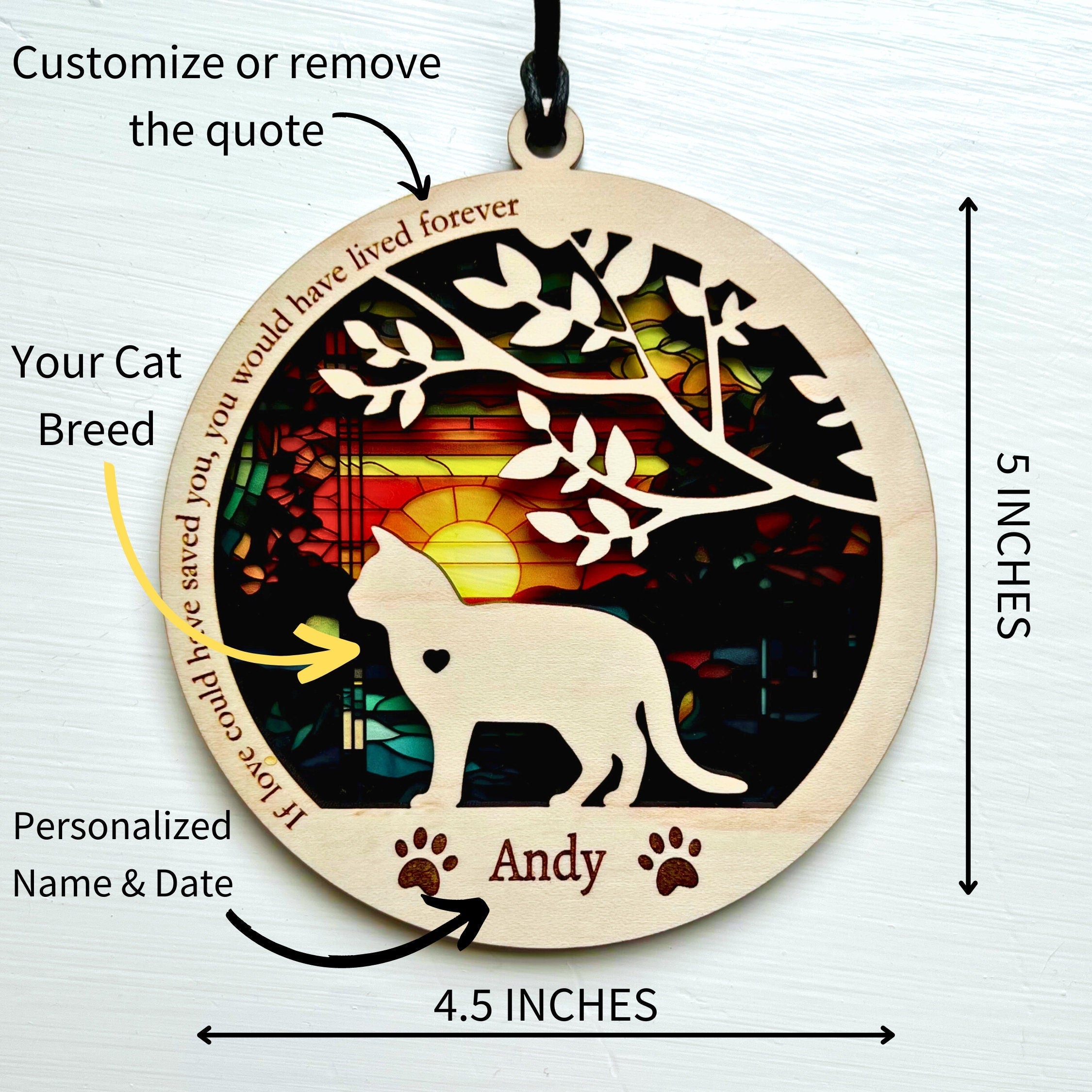 Cat Memorial Suncatcher, Personalized Sun Catcher with breed, name and date, Long Hair, Short Hair, Sunrise Background