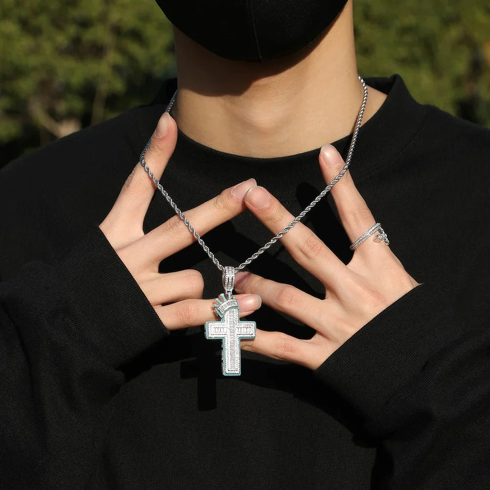 Glow in the Dark Baguette Crown Cross Pendant