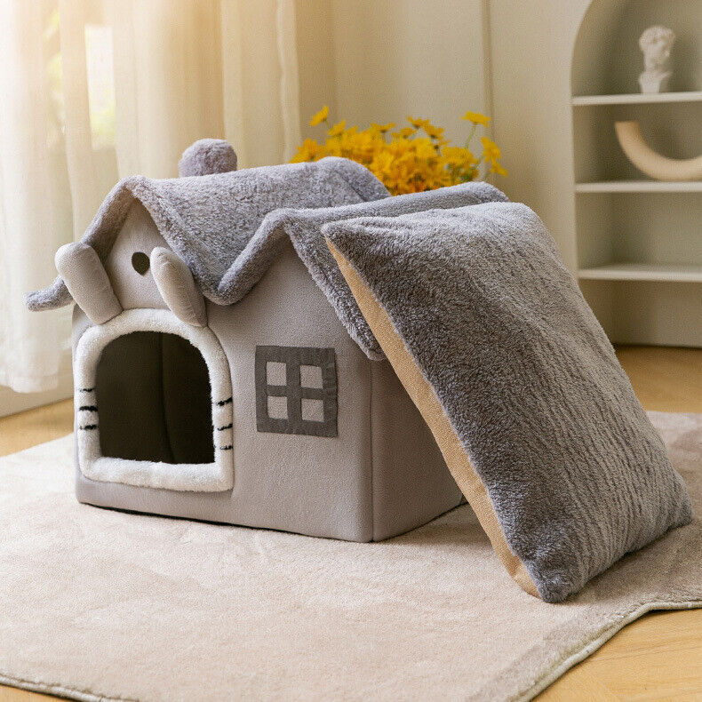 🐶Pet Dog Cat House Beds Kennel Indoor Raised Tent Cushion Mat Double Roof House